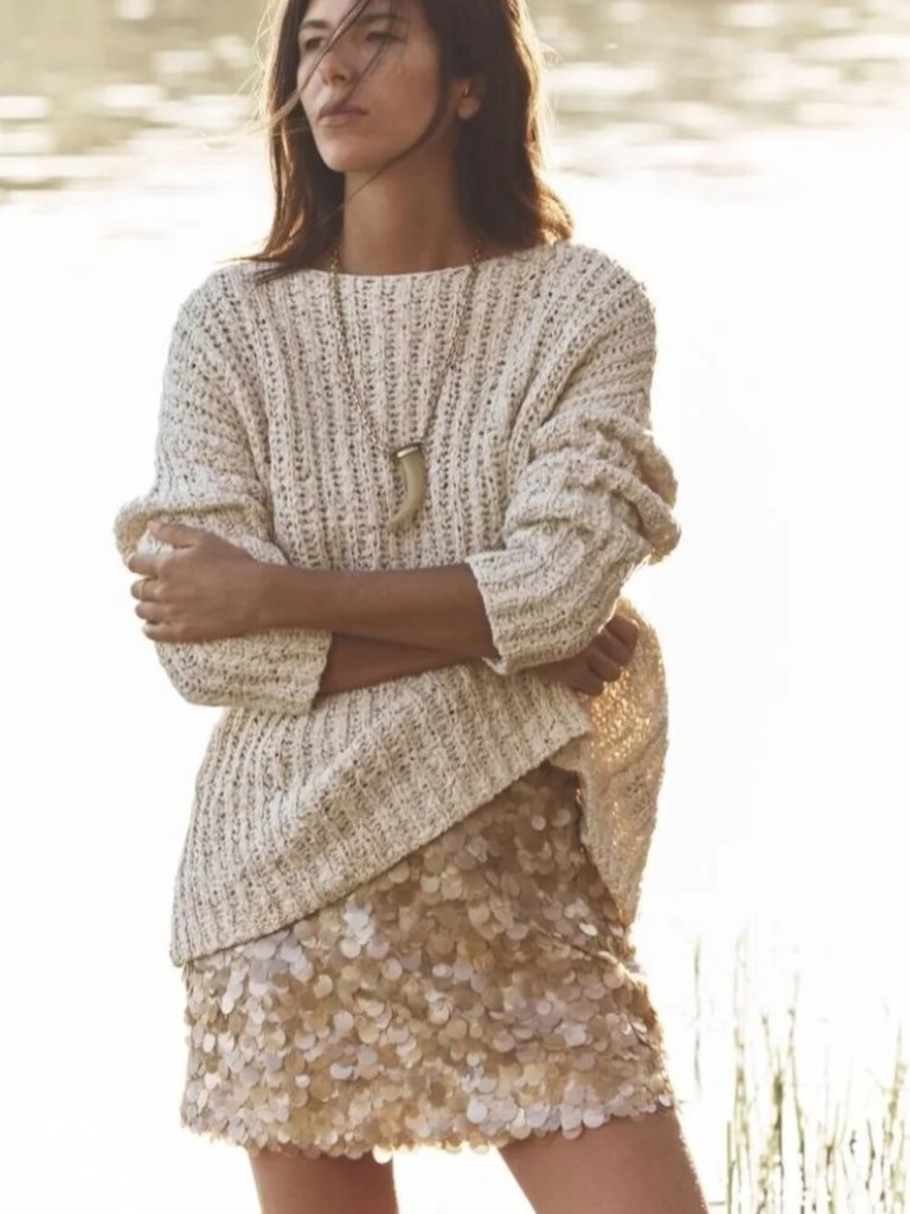 Zara Combination Knit Sweater Size Medium Ecru